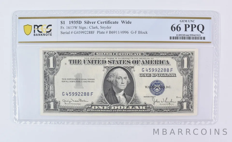 1935 D $1 Silver Certificate Wide Fr#1613W Gem Unc 66 PPQ PCGS