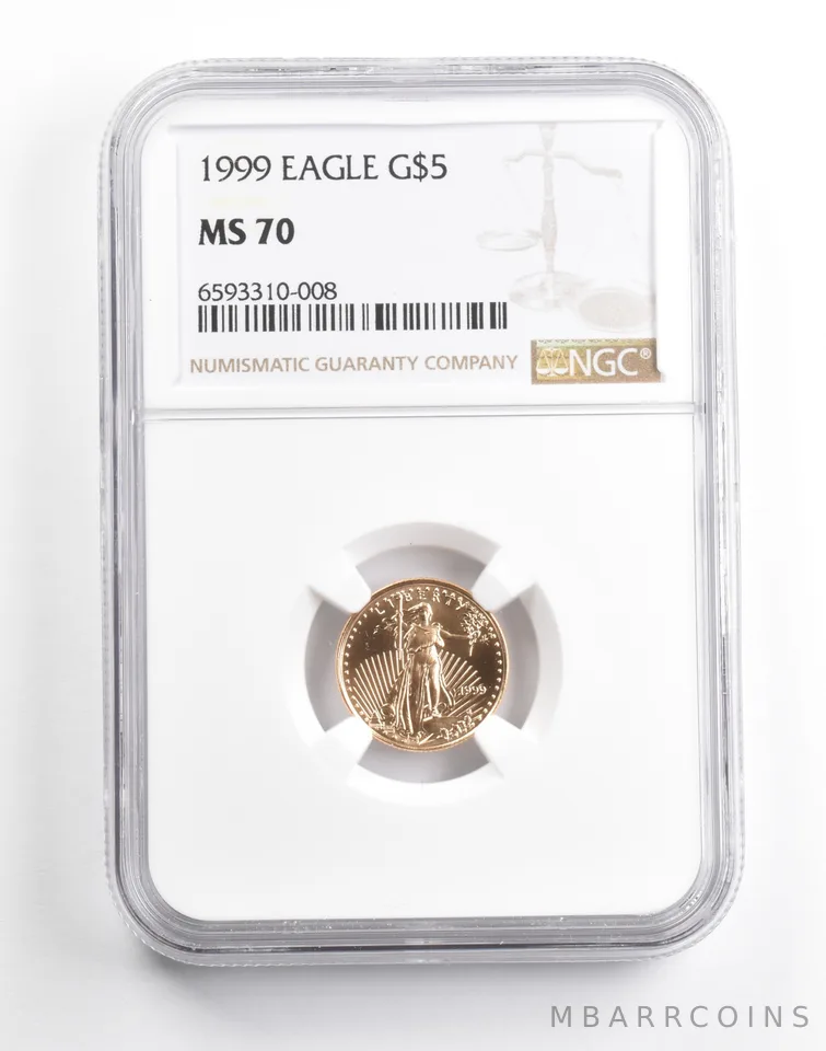 1999 $5 American Gold Eagle 1/10 Oz MS70 NGC Brown Label