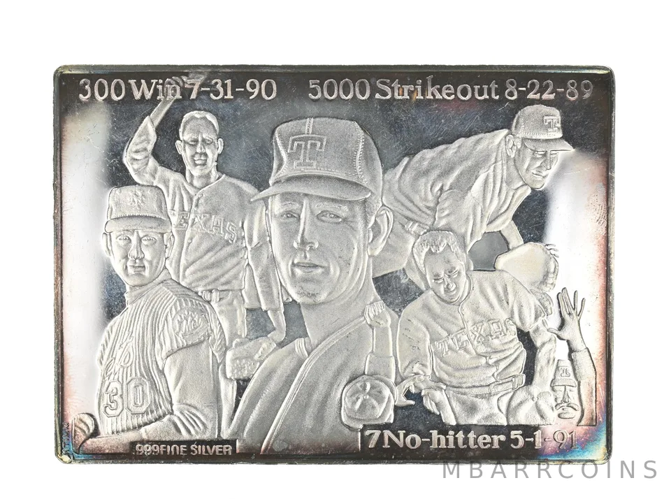 1966-1992 Nolan Ryan 5000 Strikeout Silver Bar 3.72 Troy Oz Highland Mint *2460