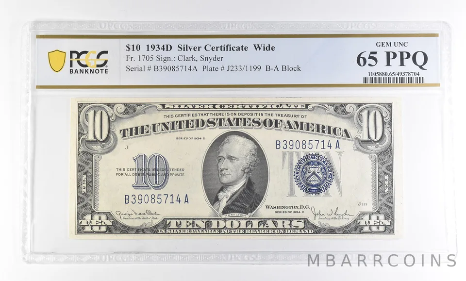 1934 D $10 Silver Certificate Wide Fr#1705 Gem Unc 65 PPQ PCGS *2761