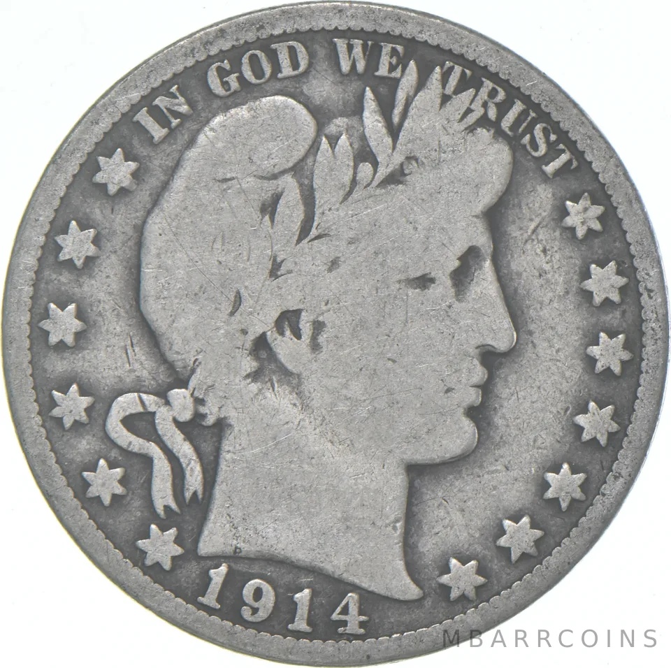 1914-S Barber Half Dollar Average Circ 90% Silver