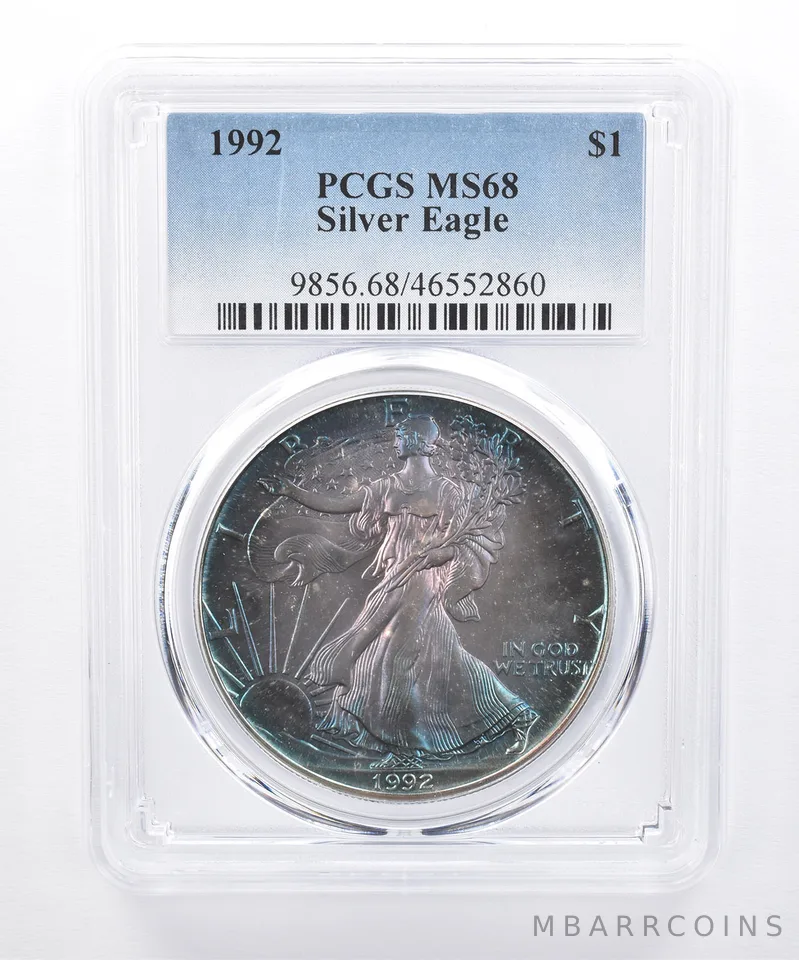 1992 American Silver Eagle MS68 PCGS Blue/Purple Tone *8492