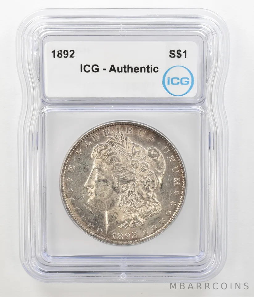 1892 Morgan Silver Dollar Authentic ICG Beautiful Tone Reverse a4540
