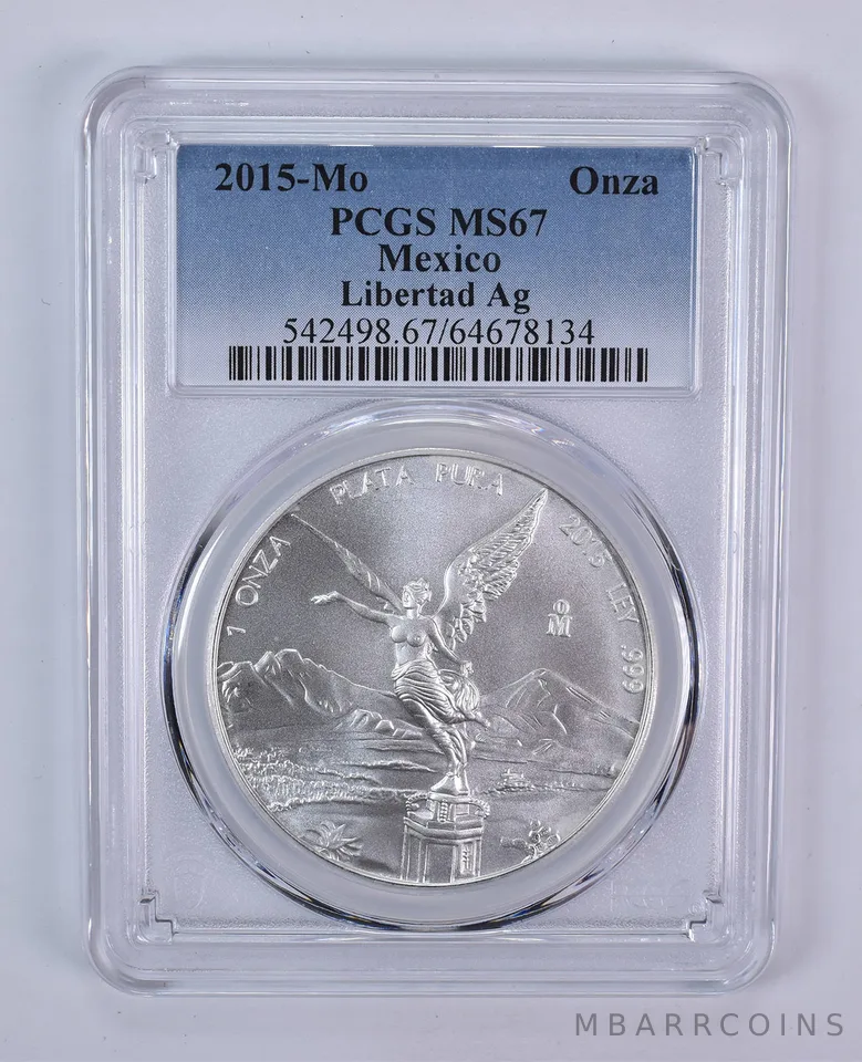 2015 Mo Mexico 1 Onza Silver Libertad MS67 PCGS Blue Label