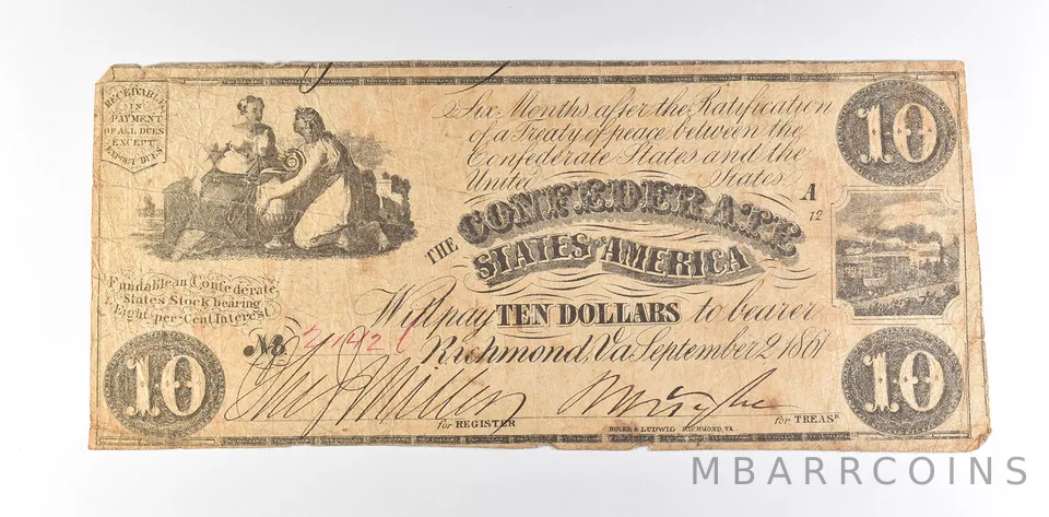1861 $10 Confederate States Of America T-28 Large Note *8563