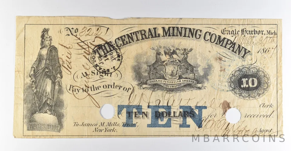 1867 $10 Eagle Harbor MI Central Mining Company Obsolete Note *8443
