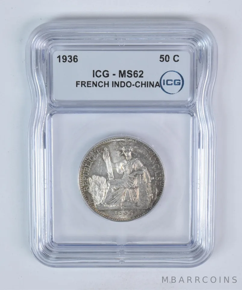 1936 French Indo-China 50 Cents MS62 ICG Beautiful Tone *5889