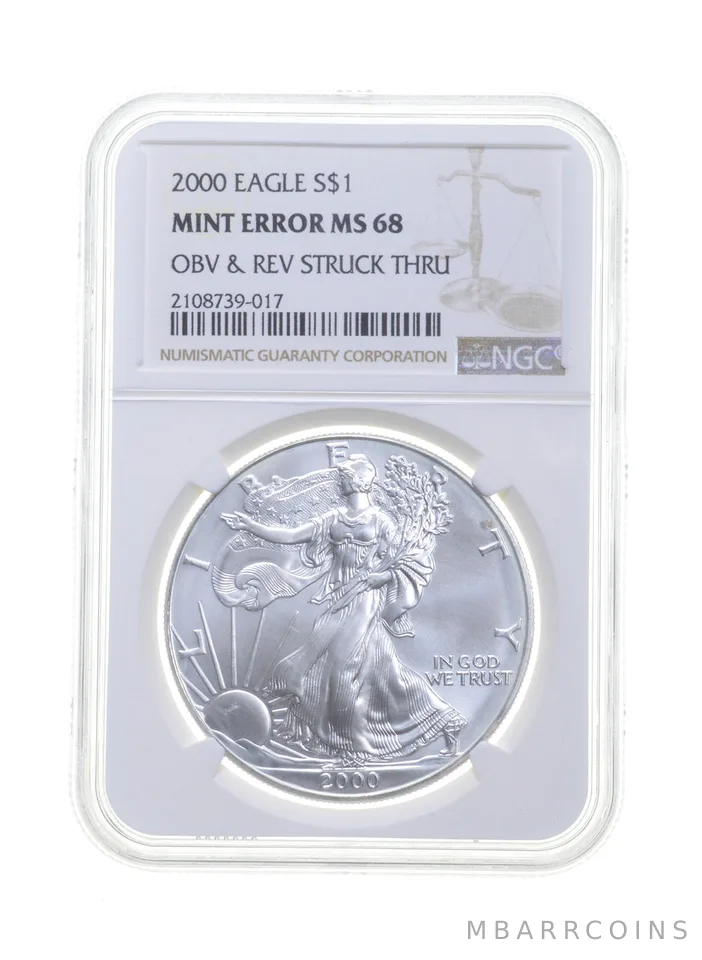 MS68 MINT ERROR 2000 American Silver Eagle - OBV & REV Struck Thru - NGC a4359