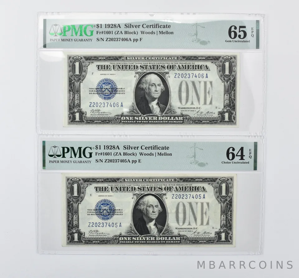 (2) 1928 A $1 Silver Certificate Fr#1601 GU 65/CU 64 EPQ PMG Consecutive a7040