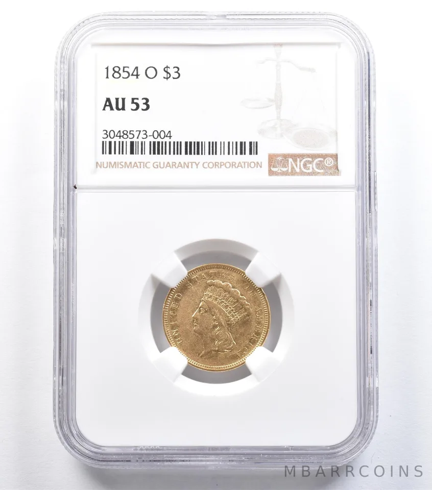 1854-O $3 Indian Princess Head Gold Three Dollars AU53 NGC a0867