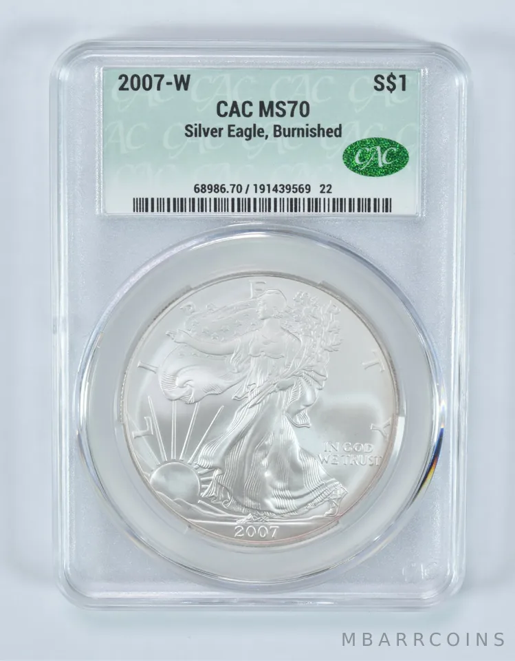 2007-W Burnished Silver Eagle MS70 CAC CACg