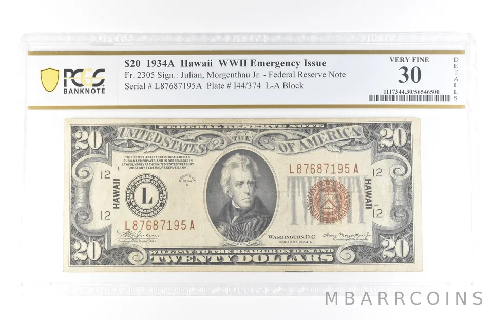 1934 A $20 Hawaii WWII Emergency Issue FRN Fr#2305 VF 30 Details PCGS *5794
