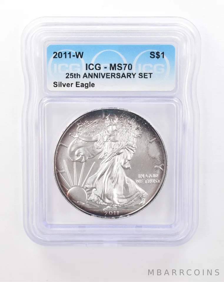 2011-W American Silver Eagle 20th Anniversary Set MS70 ICG Peripheral Tone *9845