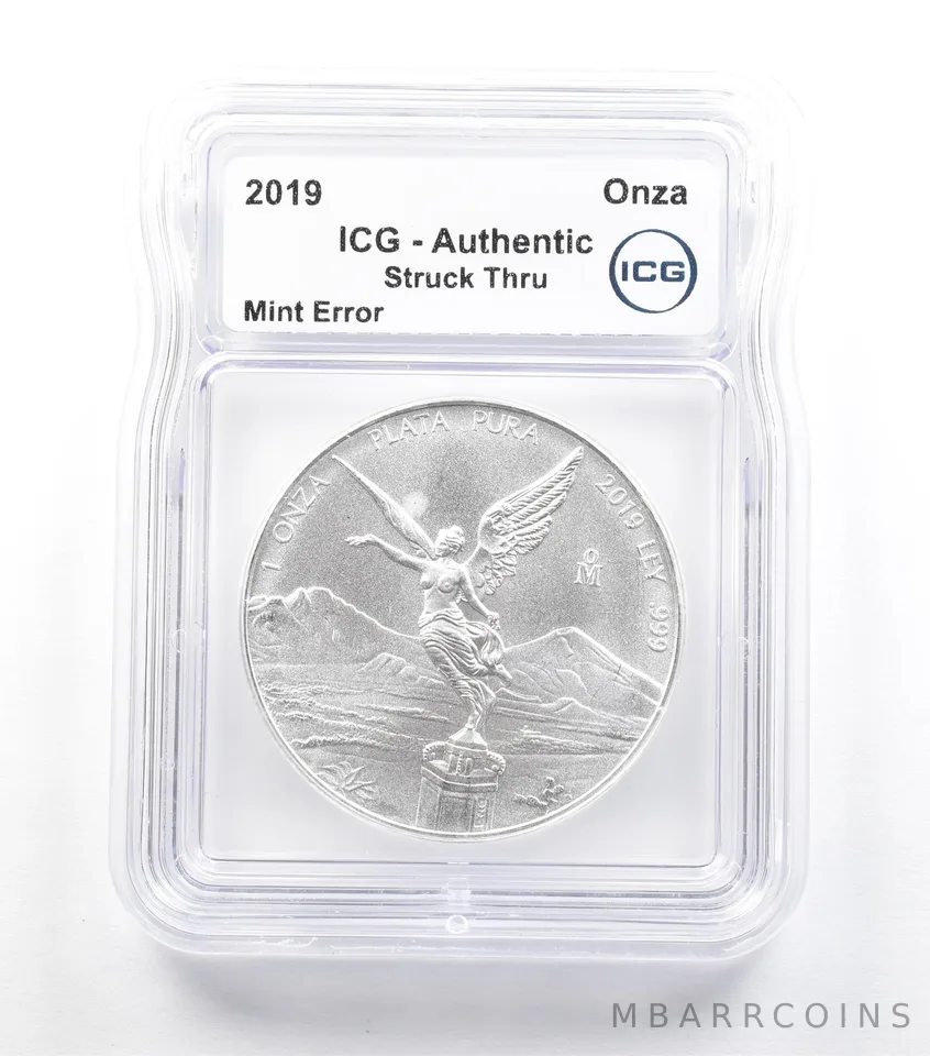 2019 Mo Mexico 1 Onza Silver Libertad Mint Error Struck Thru Authentic ICG *5056