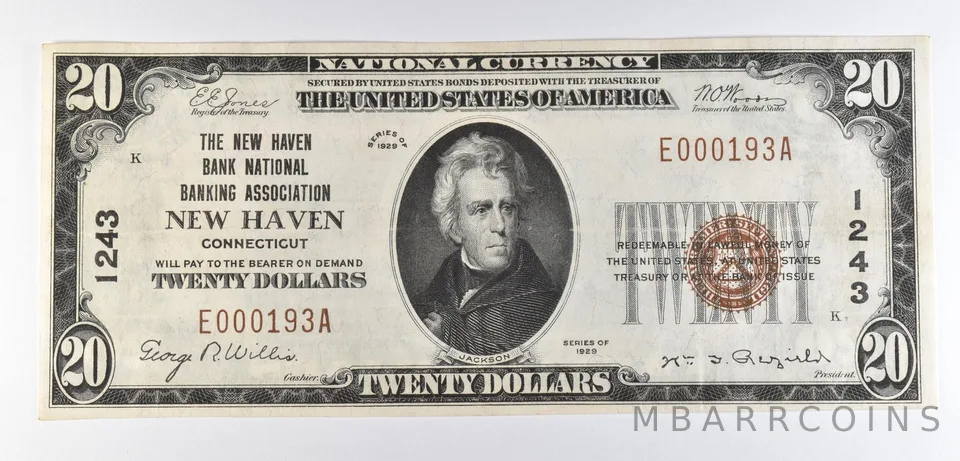 1929 $20 National Currency New Haven CT Ch#1243 Brown Seal *4648