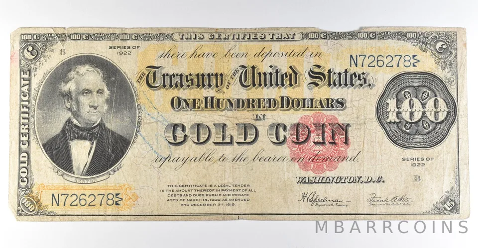 1922 B $100 Gold Certificate Large Note *8346
