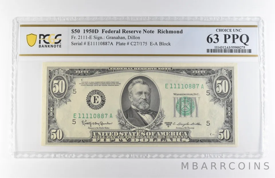1950 D $50 Richmond VA FRN Fr#2111-E Choice Unc 63 PPQ PCGS *7903