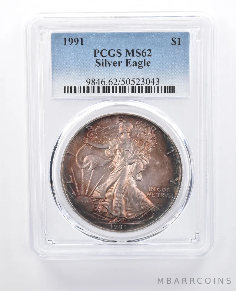 1991 American Silver Eagle MS62 PCGS Red/Blue Tone *8185
