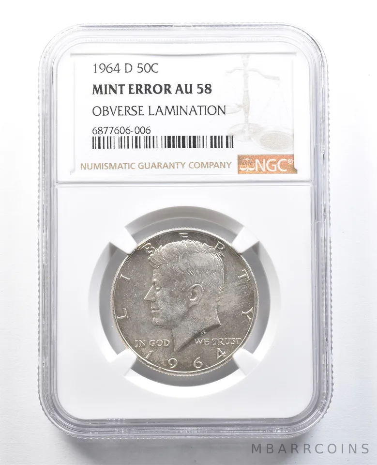 1964-D Kennedy Half Dollar Mint Error Obverse Lamination AU58 NGC *8248