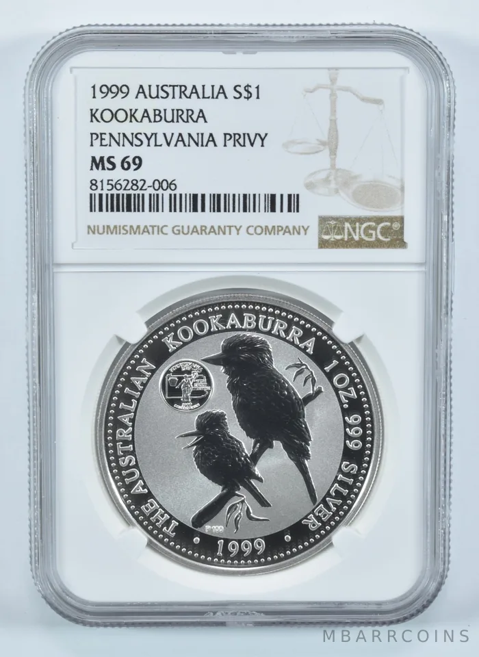 1999 Australia 1 Dollar Silver Kookaburra Pennsylvania Privy MS69 NGC