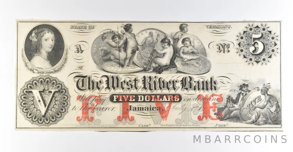 1800s $5 Jamaica VT West River Bank Obsolete Note *8458