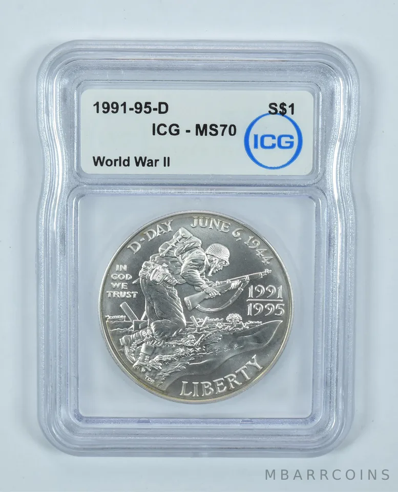 1991-95-D World War II Commemorative Silver Dollar MS70 ICG