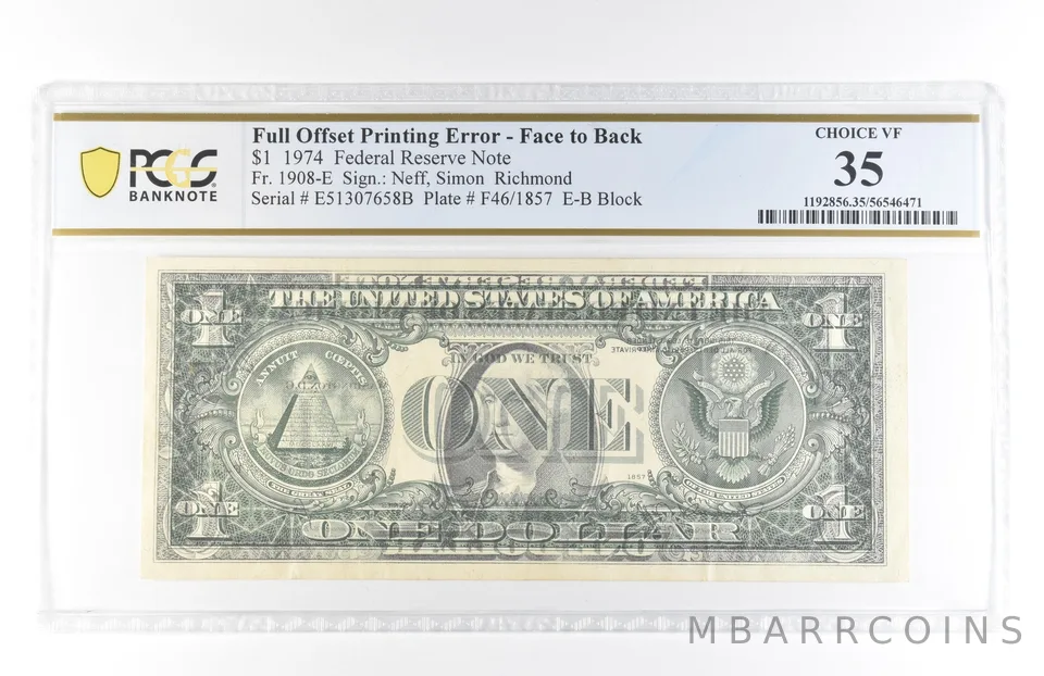 1974 $1 35 VA FRN Full Offset Print Error Face To Back Fr#1908-E PCGS *5827