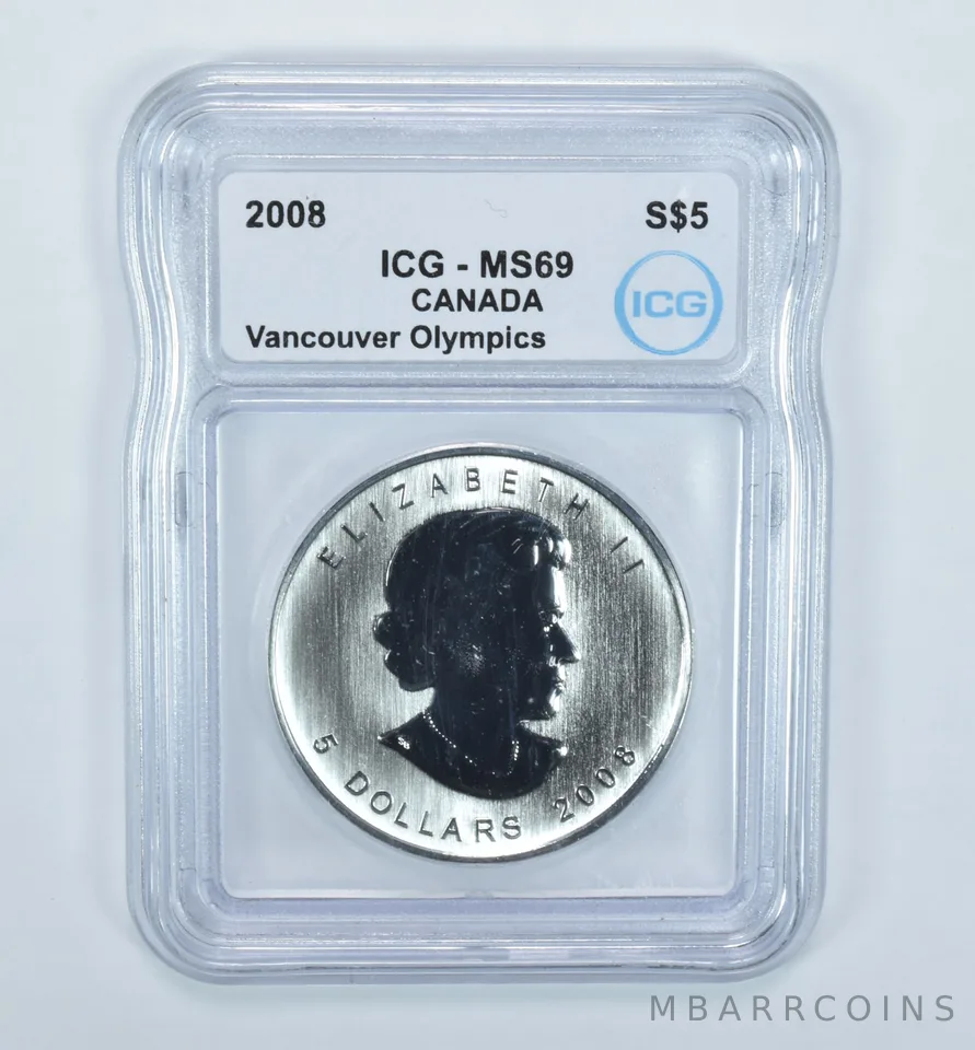 2008 Canada 5 Dollars Silver Maple Leaf Vancouver Olympics MS69 ICG