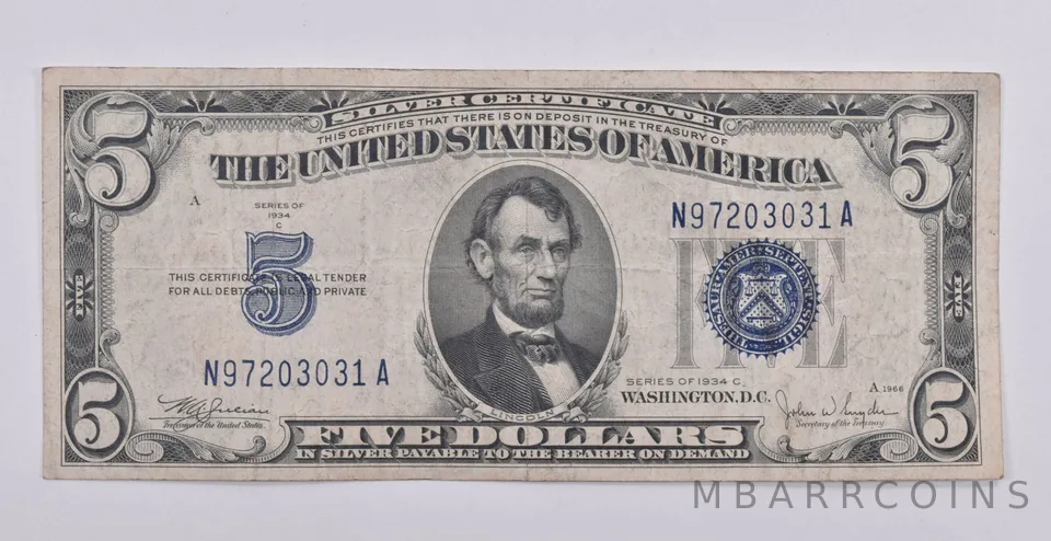 1934-C $5 Silver Certificate Blue Seal Average Circ