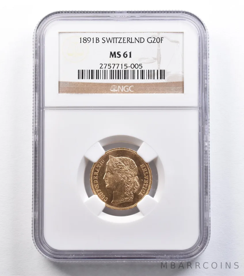 1891 B Switzerland 20 Francs Gold MS61 NGC *2224
