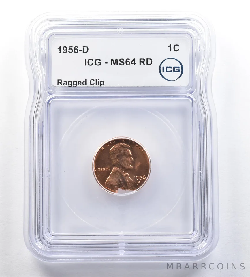 1956-D Lincoln Wheat Cent Mint Error Ragged Clip MS64 RD ICG *7192