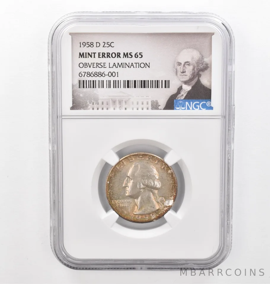 1958-D Washington Quarter Mint Error Obv Lamination MS65 NGC Nice Tone *2297