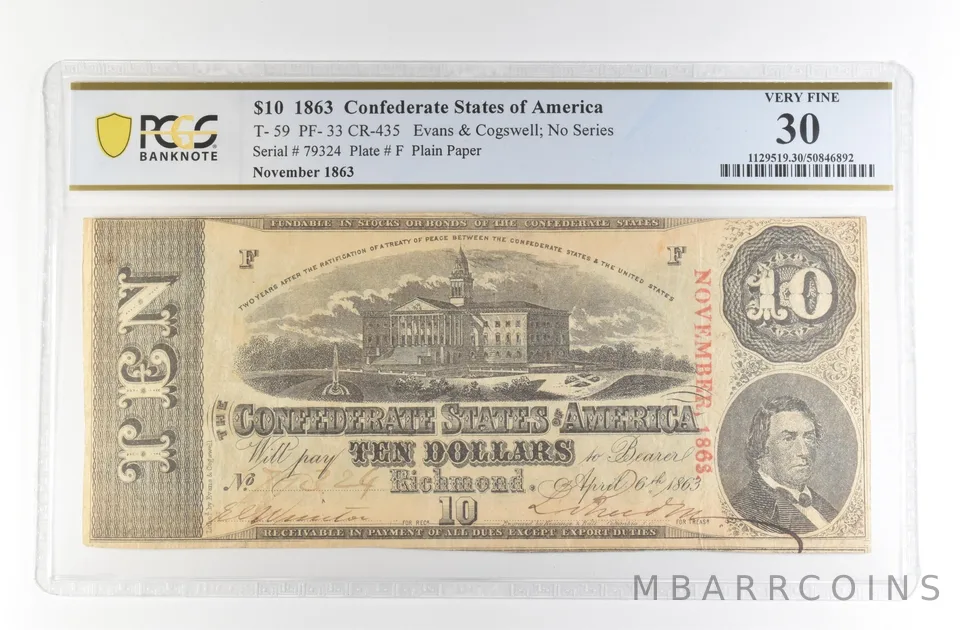 1863 $10 Confederate States Large Note T-59 PF-33 CR-435 VF 30 PCGS *4165