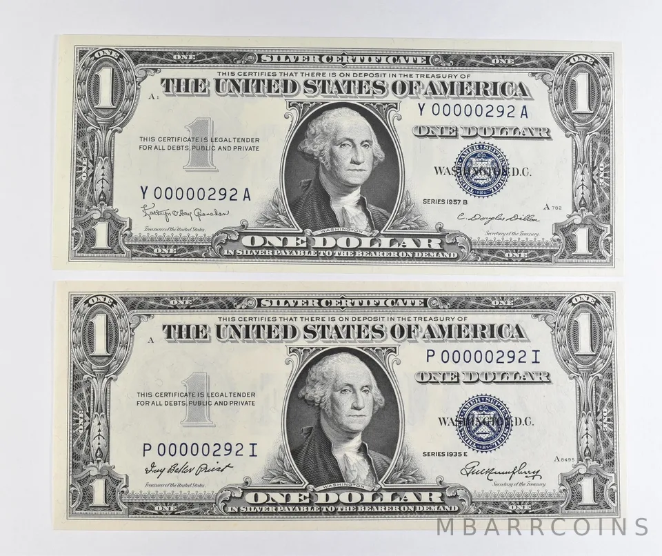 Lot (2) Matching Low Serial Numbers 1935 E/1957 B $1 Silver Certificate *1718