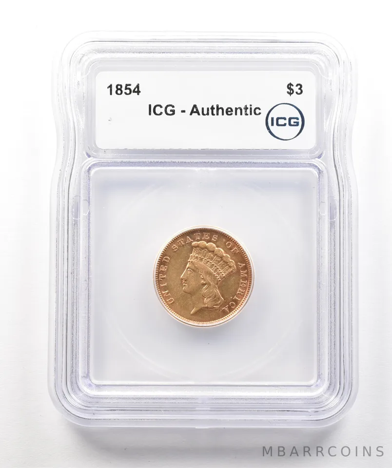 1854 $3 Indian Princess Head Gold Three Dollars Authentic ICG a4313