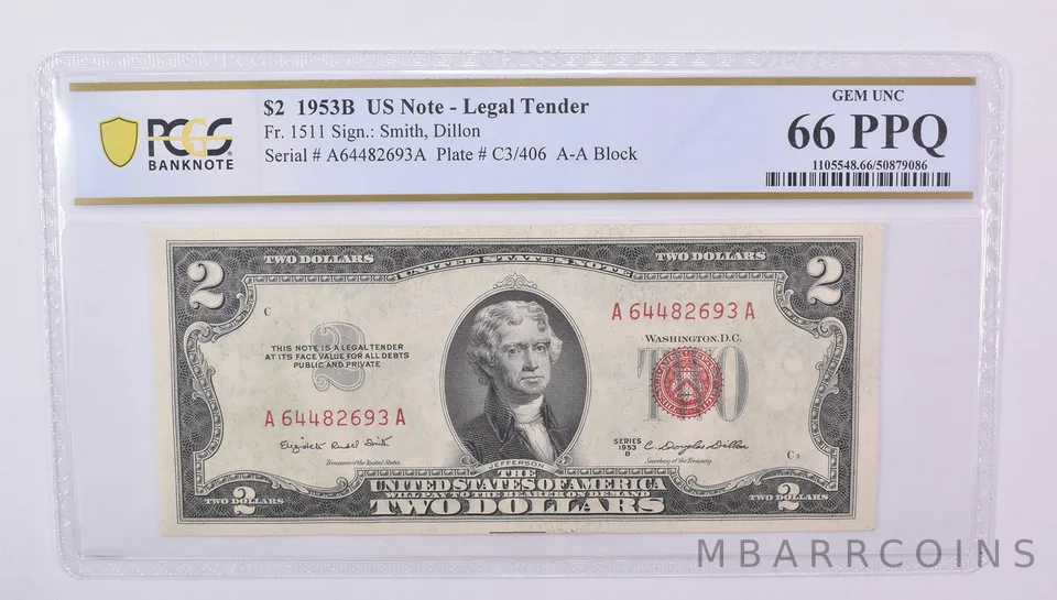 $2 1953 B US Legal Tender Fr#1511 Gem Unc 66 PPQ PCGS