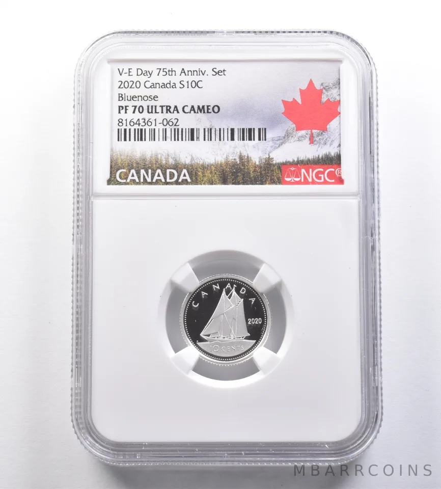 2020 Canada 10 Cents Silver V-E Day 75th Anniversary Set Bluenose PF70 NGC *7072
