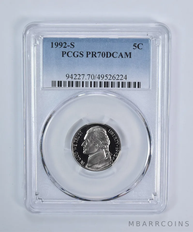 1992-S Jefferson Nickel PR70 DCAM PCGS Blue Label