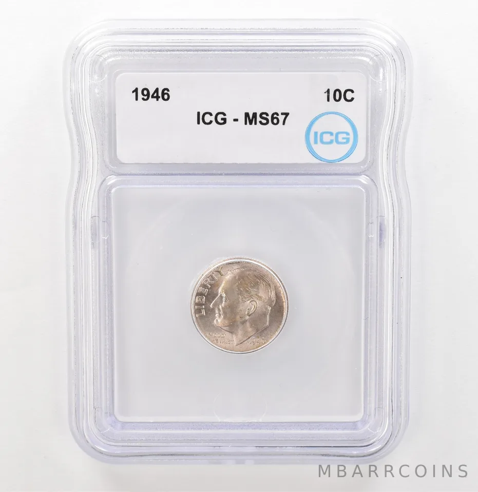1946 Roosevelt Dime MS67 ICG Beautiful Tone Reverse *3912