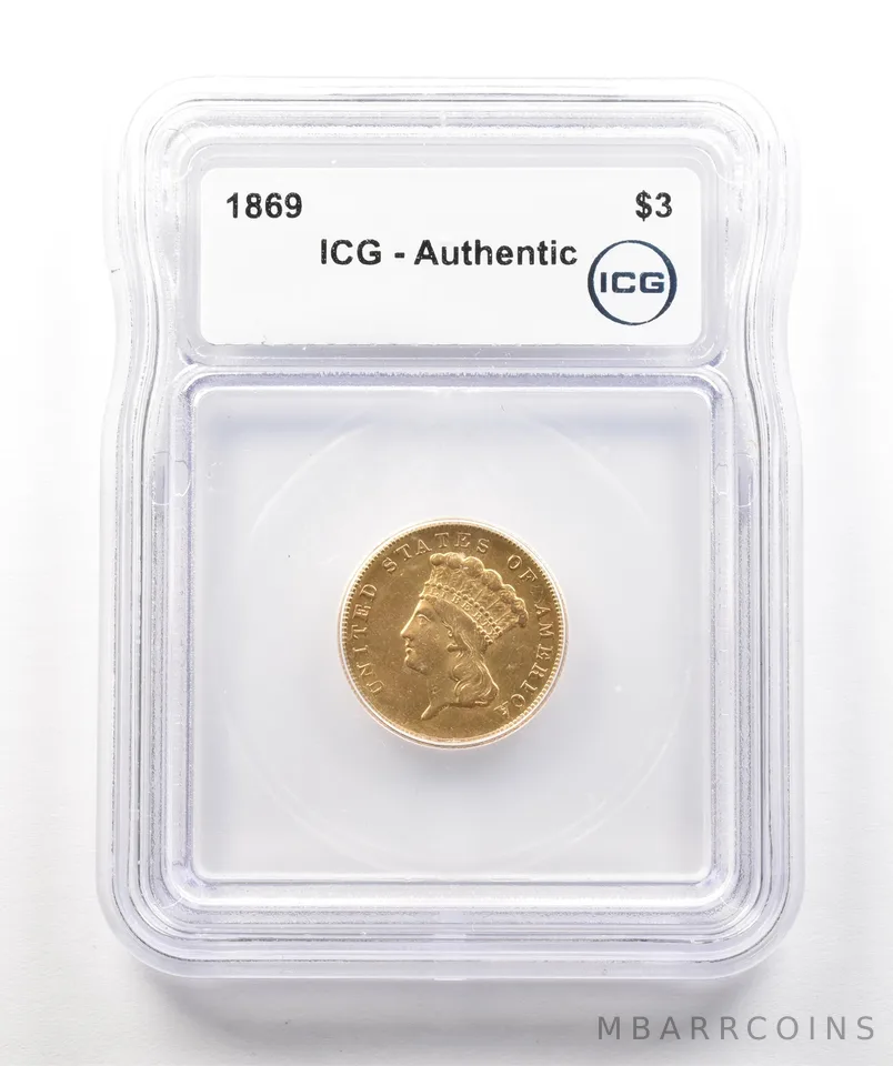 1869 $3 Indian Princess Head Gold Three Dollars Authentic ICG *4316