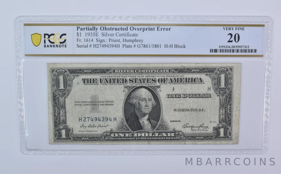 1935 E $1 Silver Certificate Fr#1614 Obstructed Overprint Error VF20 PCGS *8101