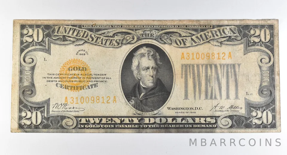 1928 $20 Gold Certificate Yellow Seal *8230