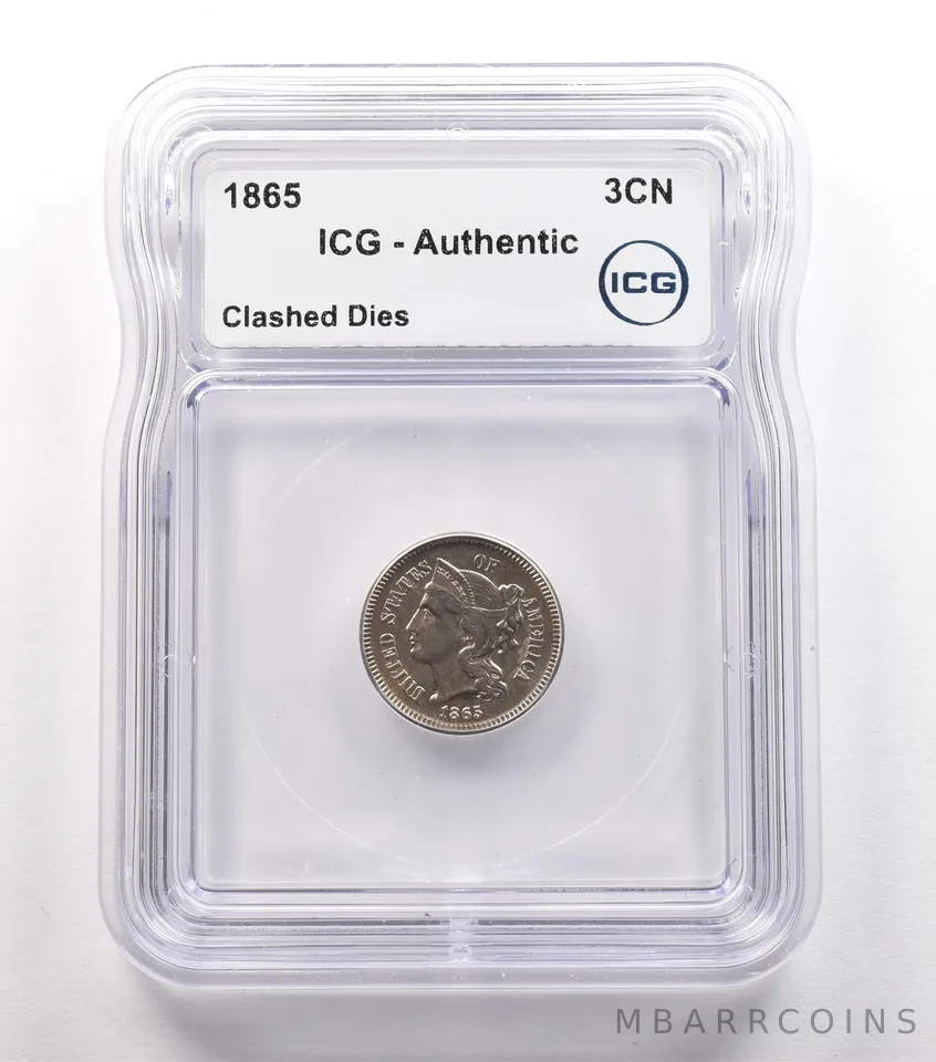 1865 Three Cent Nickel Clashed Dies Authentic ICG *5607