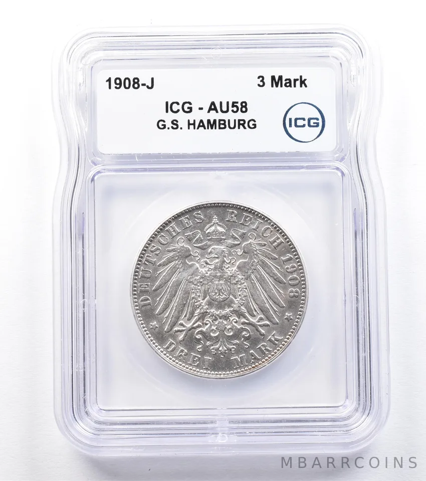 1908 J German States Hamburg 3 Mark AU58 ICG *1829