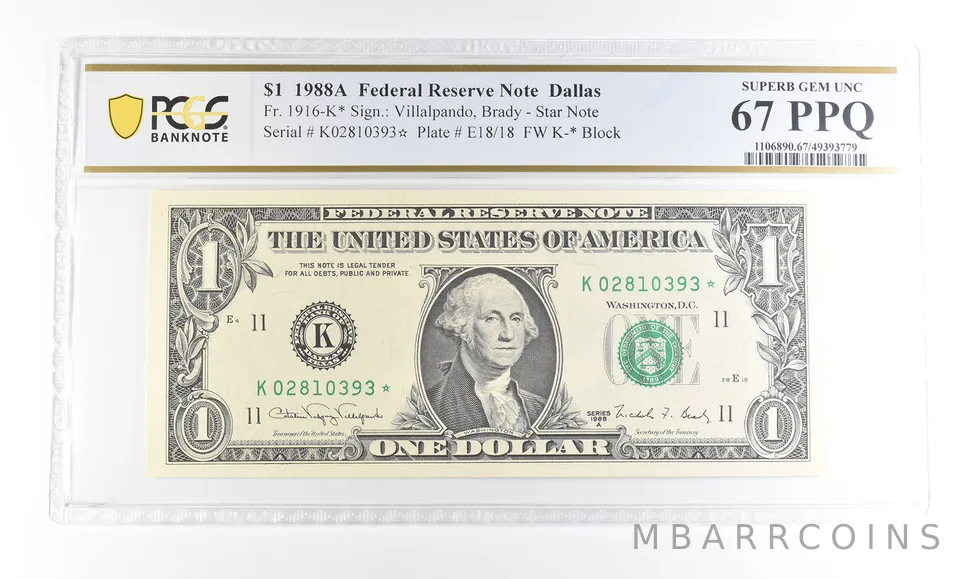 1988 A $1 Dallas TX FRN Star Note Fr#1916-K* Superb Gem Unc 67 PPQ PCGS *2901