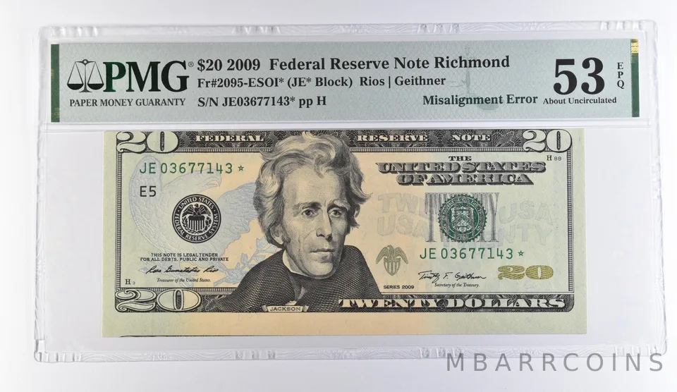 2009 $20 Richmond FRN Misalign Error Fr#2095-ESOI* Star Note AU 53 EPQ PMG *9468