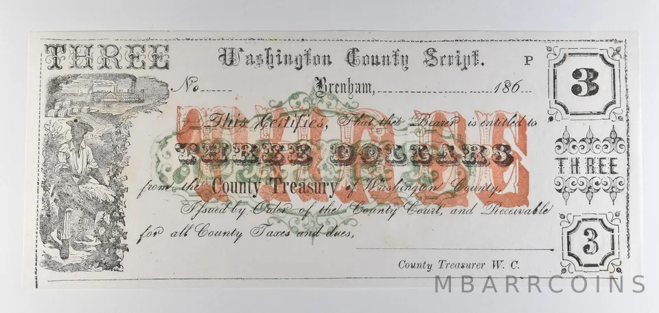 1860s $3 Washington County TX Script Obsolete Note *8681