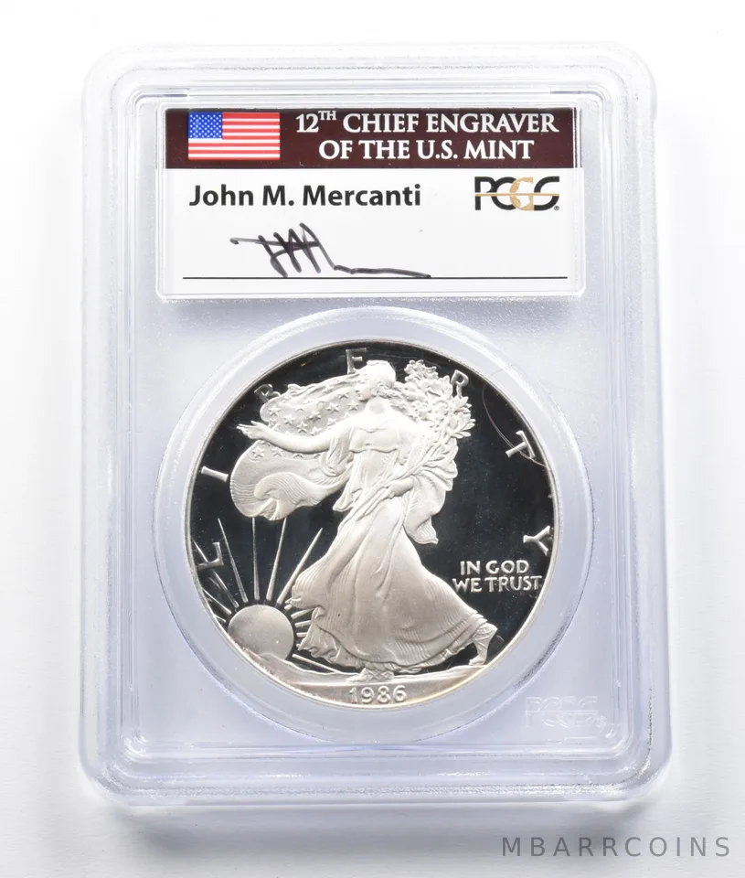 PR70 DCAM 1986-S American Silver Eagle Mercanti Signed PCGS a8121