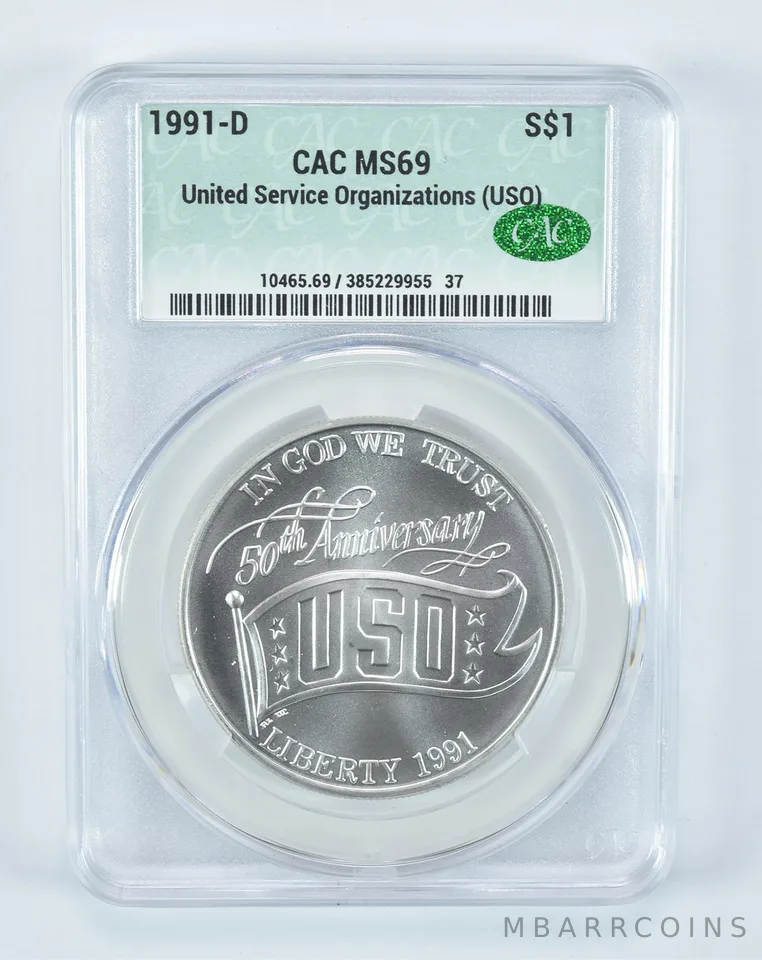 1991-D USO Commemorative Silver Dollar MS69 CAC CACg