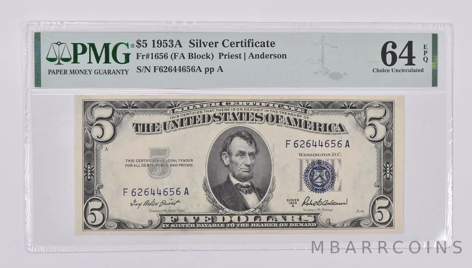 $5 1953 A Silver Certificate FR-1656 PMG 64 EPQ Choice Unc